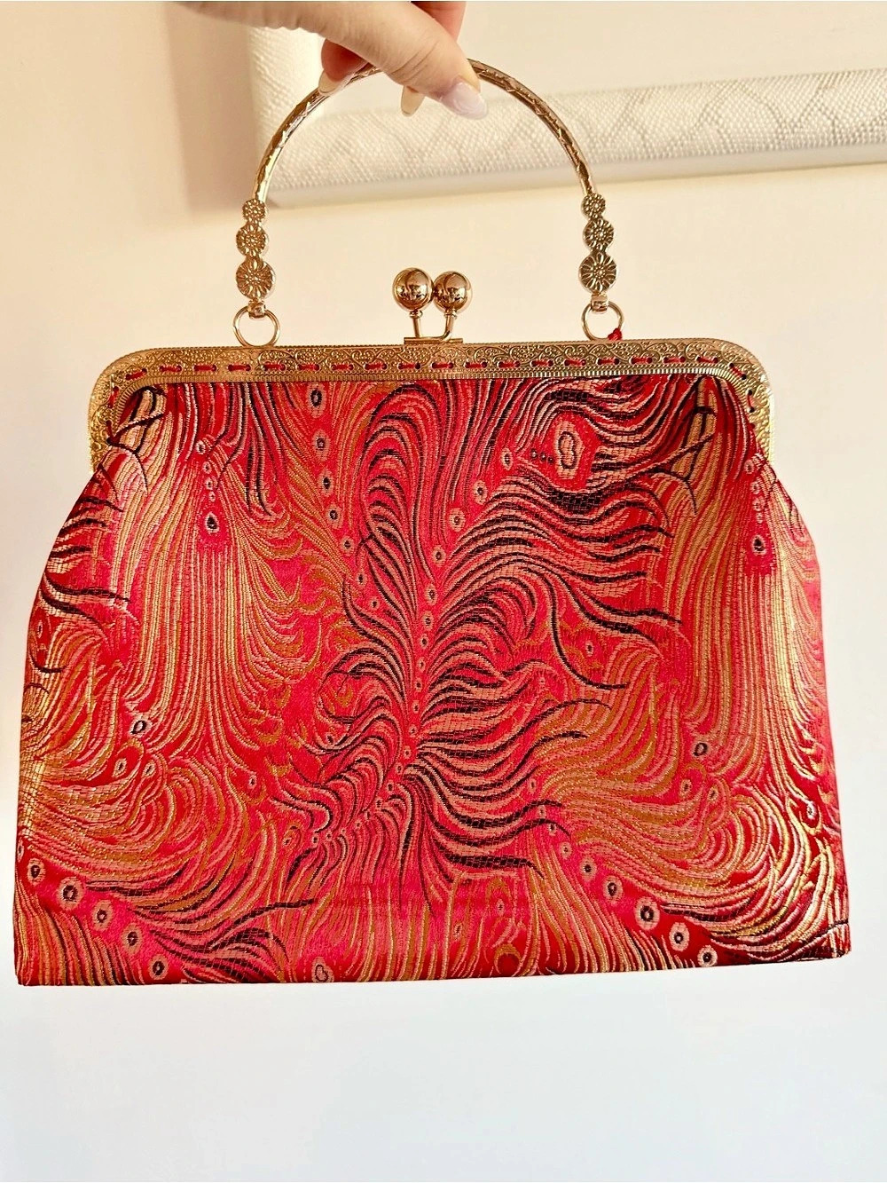 Red Gold Brocade Statement Frame Handbag Evening Bag